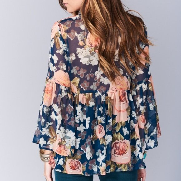 Green Sheer Floral Peasant Top Show me MuMu XS - Picture 2 of 2